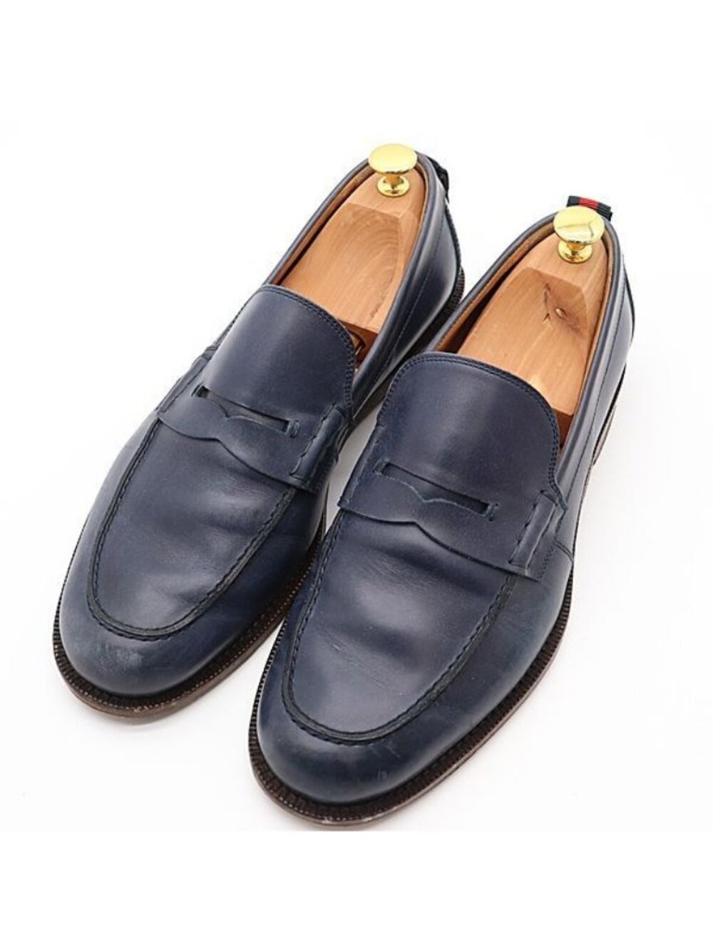Gucci With Wooden Shoe Keeper Leather Coin Loafers Shoes Navy Color Apaako